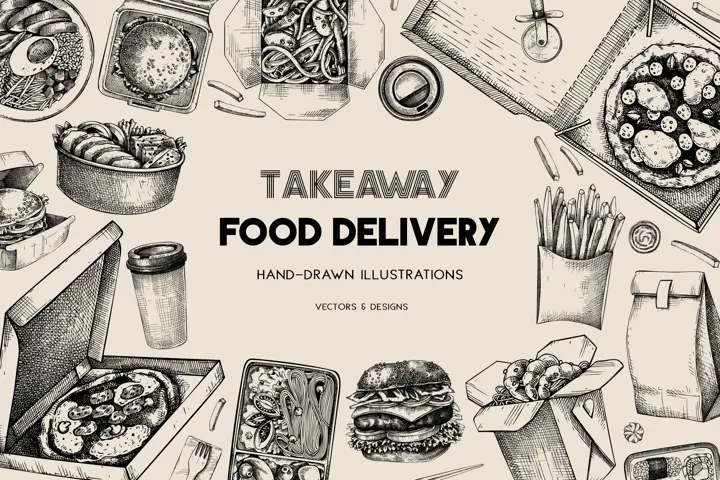 Takeaway Food Vector Sketches. Restaurant Delivery Menu Designs